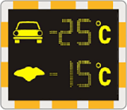 Cestná meteo tabuľa BELLIMPEX zobrazujúca teplotu vzduchu a vozovky.