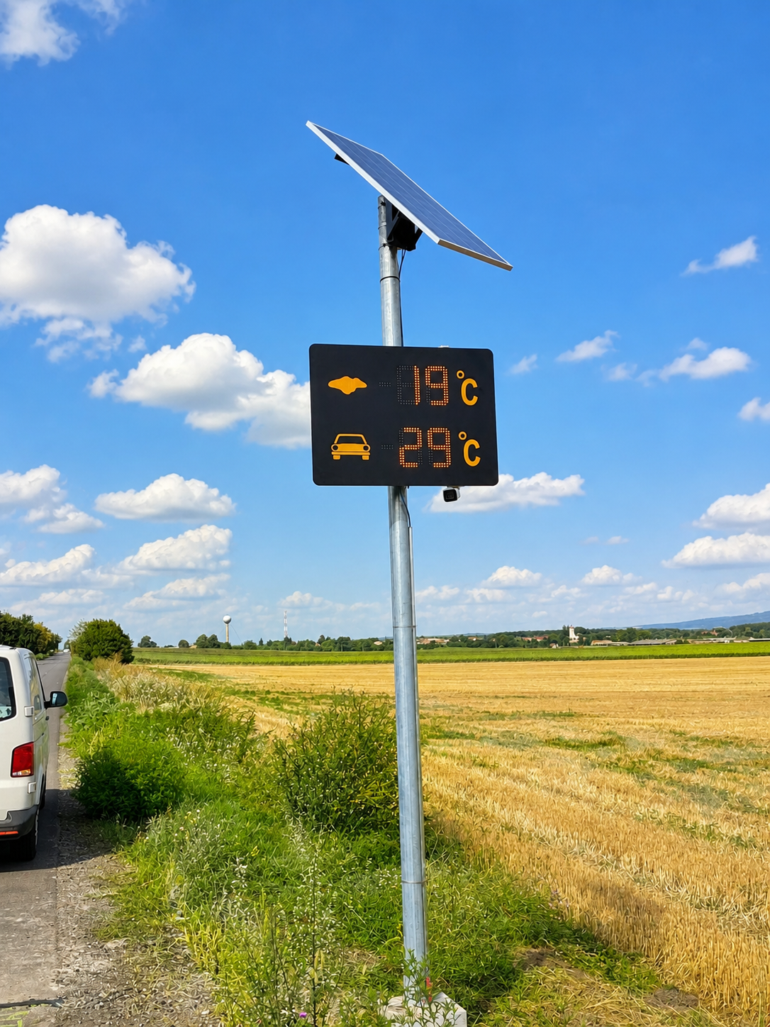 Cestná meteo tabuľa BELLIMPEX zobrazujúca 19 °C a 29 °C pri poli a modrej oblohe.
