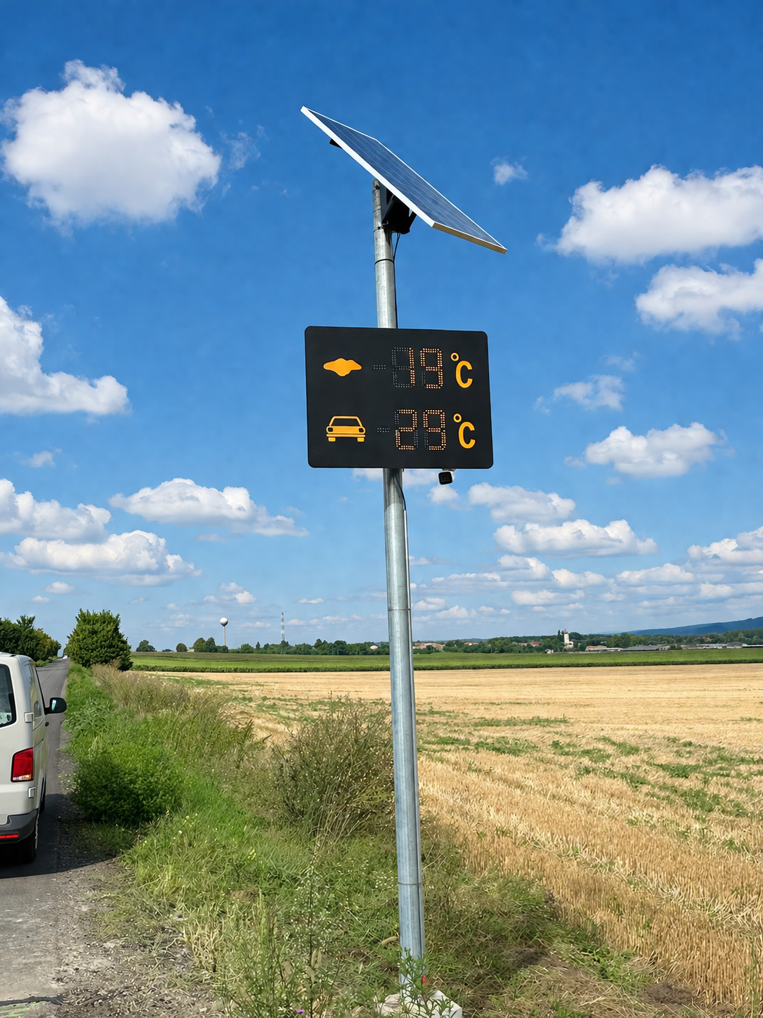 Detail cestnej meteo tabule BELLIMPEX s hodnotami 19 °C a 29 °C z iného uhla pohľadu.