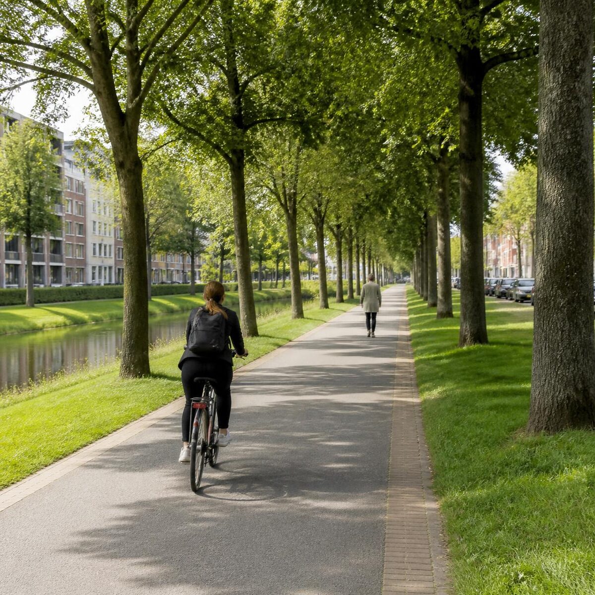 Cyklista na mestskej cyklotrase v parku – prostredie sledovania pohybu cyklistov a chodcov.
