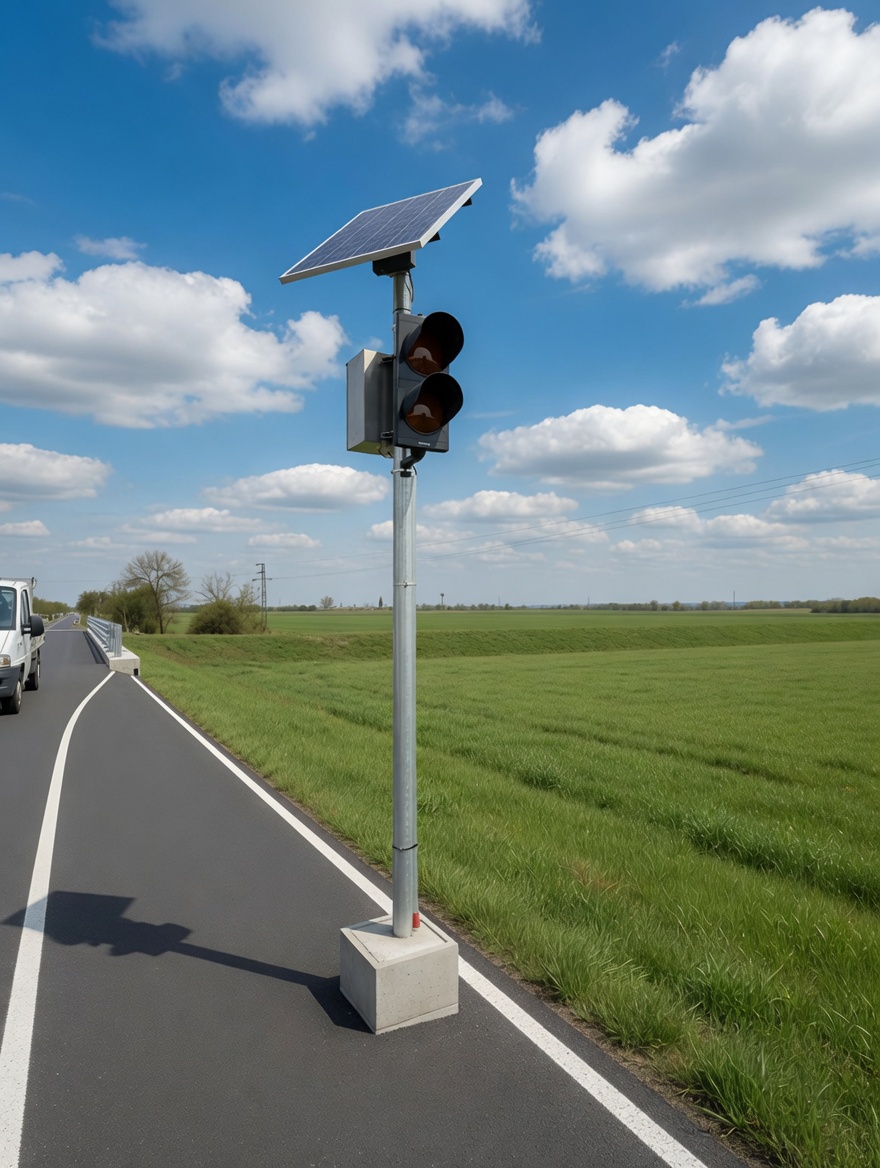 Mobilný solárny semafor BELLIMPEX na otvorenej ceste – výstražné dopravné zariadenie.